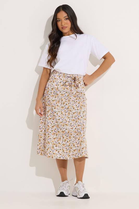 PixieGirl Petite Women's Cream Ditsy Floral Belted Midi Skirt | PixieGirl 1