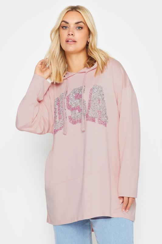 Tallas Grandes YOURS Curve Pink 'USA' Sequin Slogan Longline Hoodie
