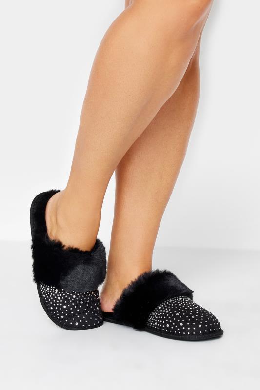 Plus Size  Black Diamante Faux Fur Slippers In Wide E Fit