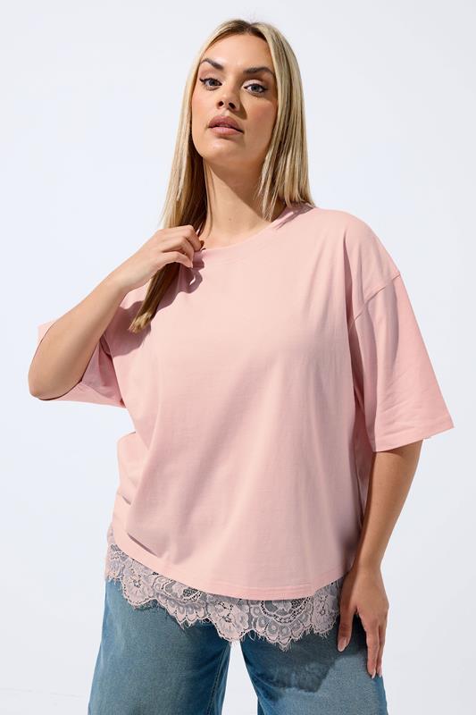  LIMITED COLLECTION Curve Pastel Pink Lace Trim T-Shirt
