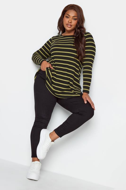 YOURS Plus Size Black & Green Striped Long Sleeve Swing Top  | Yours Clothing 2