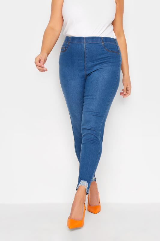 Plus Size  YOURS Curve Mid Blue Distressed Hem Stretch Jeggings