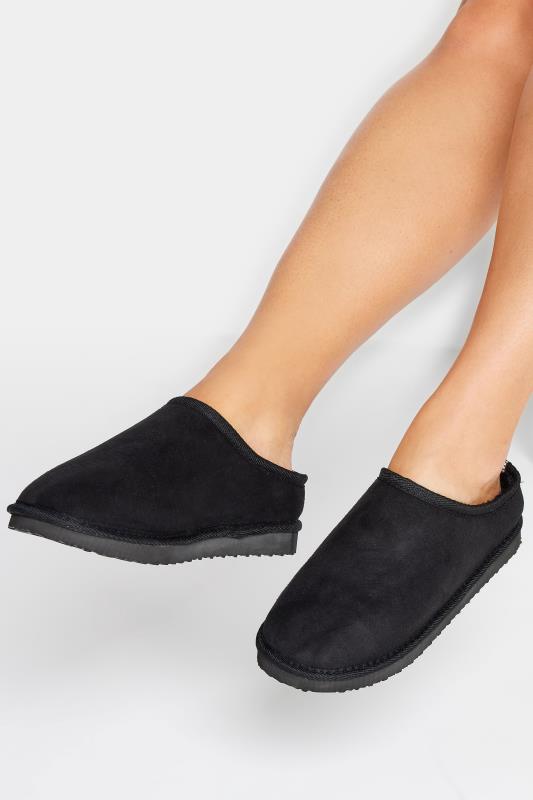 Black Faux Fur Lined Mule Slippers In Wide E Fit | Yours Clothing 1