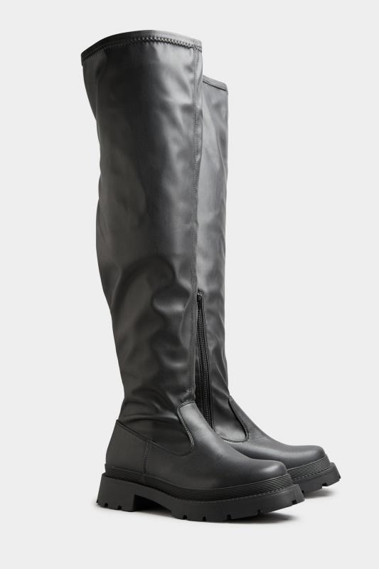  Grande Taille LIMITED COLLECTION Black Over The Knee Cleated Boots In Extra Wide Fit