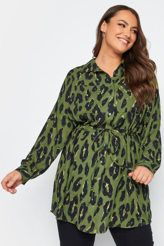 Plus Size  YOURS Curve Khaki Green Leopard Print Utility Tunic Shirt