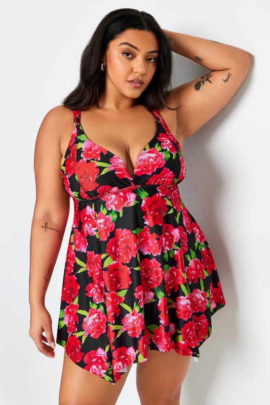 YOURS Plus Size Red Floral Print Hanky Hem Swim Dress | Yours Clothing 1
