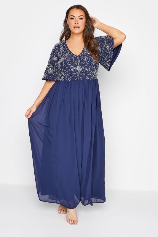 LUXE Curve Navy Blue Floral Hand Embellished Maxi Dress 2