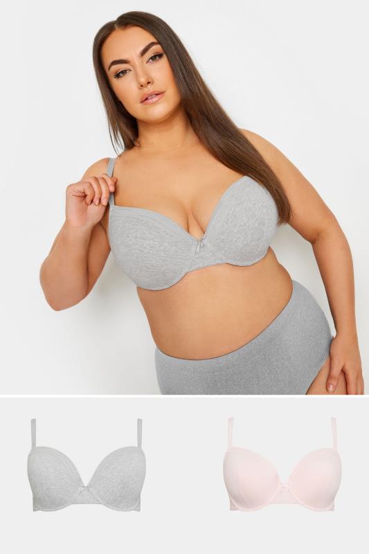 YOURS 2 PACK Grey Marl & Pink Lace Trim Padded Bra | Yours Clothing 1