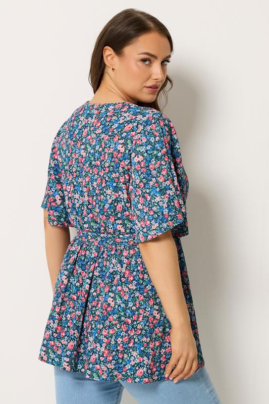 YOURS Plus Size Blue Floral Textured Wrap Top | Yours Clothing 2