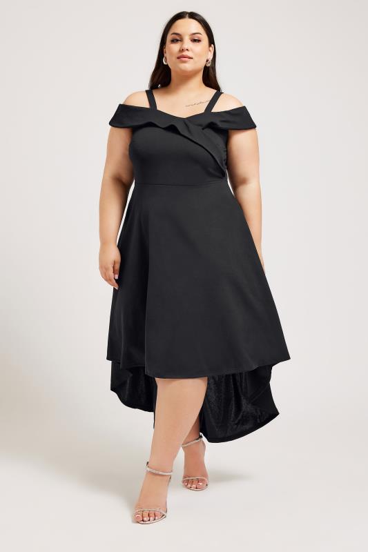 YOURS LONDON Plus Size Black Bardot Dipped Hem Dress | Yours Clothing 1