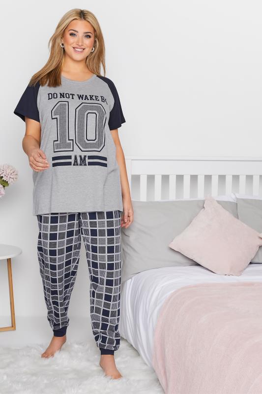  Curve Grey 'Do Not Wake B4 10AM' Slogan Varsity Pyjama Set