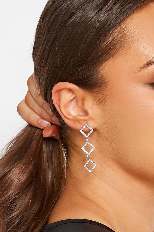  Grande Taille Silver Diamante Triple Geometric Drop Earrings