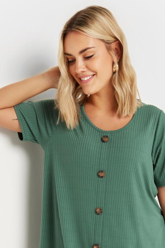 YOURS Plus Size Green Button Front Ribbed T-Shirt | Yours Clothing 4