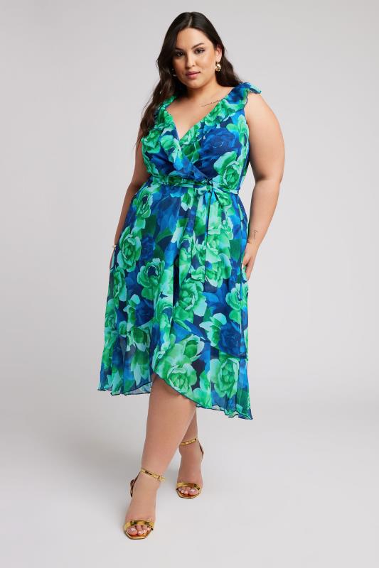 Plus Size  YOURS LONDON Curve Green Floral Print Ruffle Wrap Dress