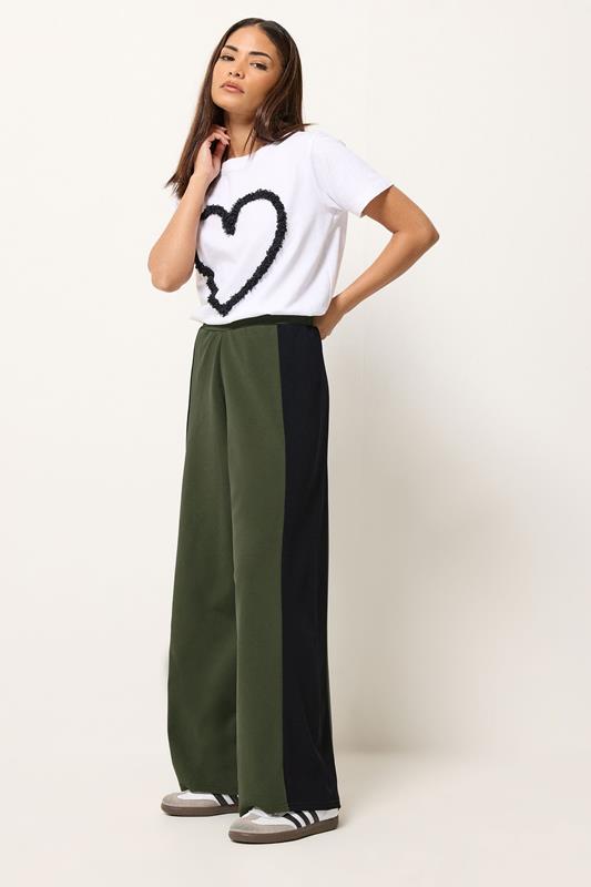 PixieGirl Petite Women's Khaki Green Side Panel Wide Leg Trousers | PixieGirl 1
