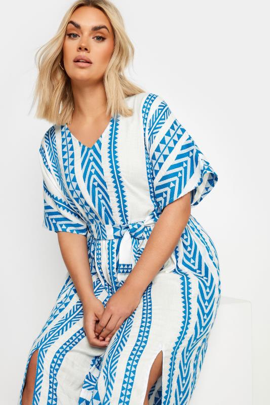 YOURS Plus Size Blue & White Aztec Print Embroidered Maxi Dress | Yours Clothing  4