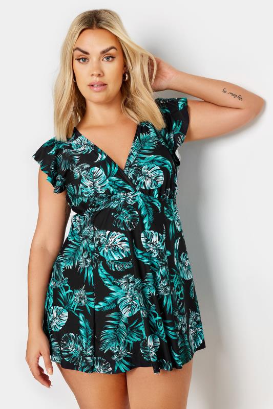 YOURS Plus Size Green Leaf Print Tummy Control Swim Dress | Yours Clothing 1