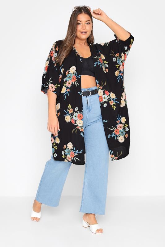 Plus Size Black Floral Print Longline Kimono Cardigan | Yours Clothing  2