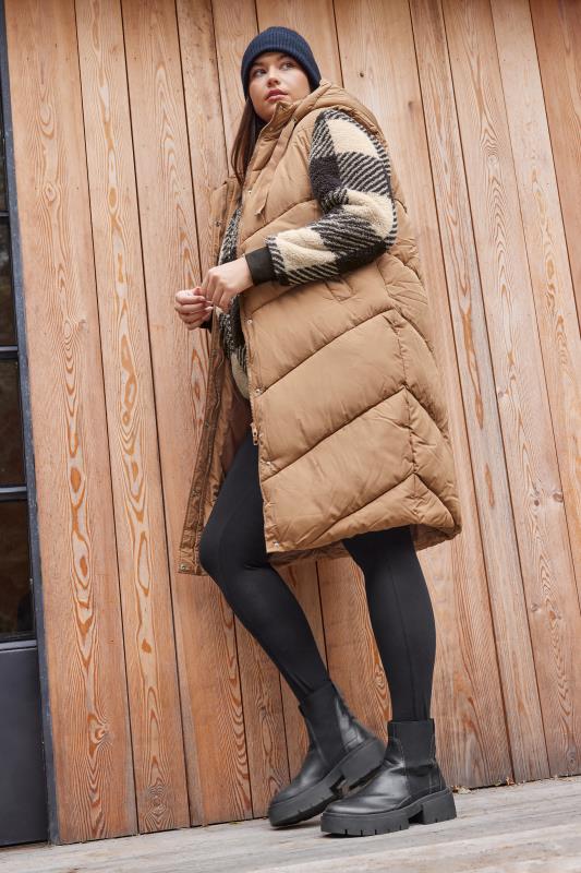 YOURS Curve Brown Quilted Longline Hooded Gilet | Yours Clothing 2