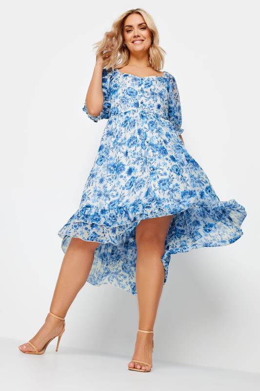 Plus Size  LIMITED COLLECTION Curve Blue Floral Print Dipped Hem Midi Dress