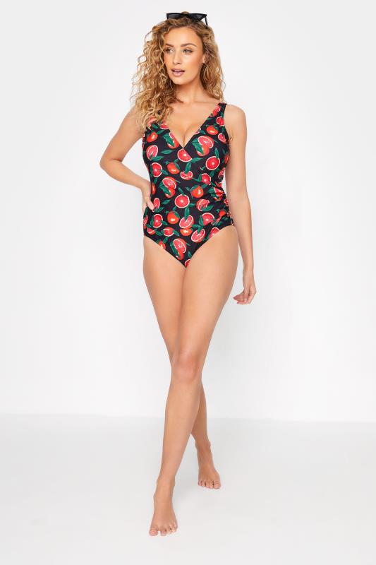 LTS Tall Black Tropical Fruit Print Wrap Front Swimsuit 2