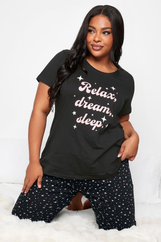 YOURS Plus Size Black 'Relax Dream Sleep' Star Print Pyjama Set | Yours Clothing 2