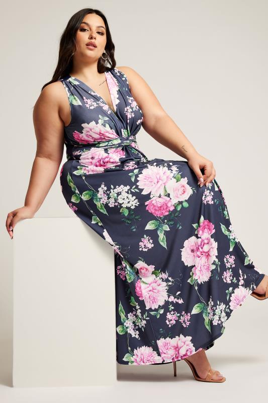 YOURS LONDON Plus Size Navy Blue Floral Print Knot Front Maxi Dress | Yours Clothing 1