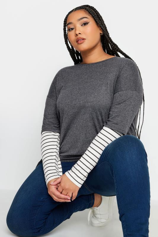YOURS Plus Size Grey Stripe Sleeve Double Layer T-Shirt | Yours Clothing 1