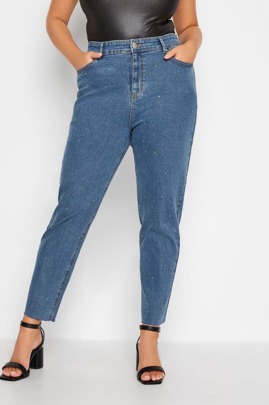 Plus Size  Curve Blue Embellished Stretch MOM Jeans