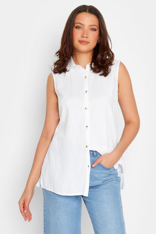 LTS Tall Women's White Sleeveless Linen Blend Shirt | Long Tall Sally  1