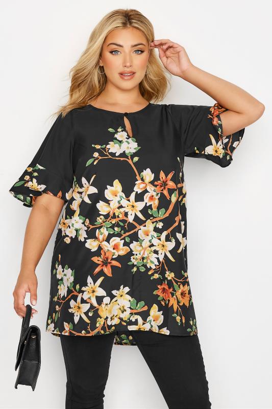 Plus Size  Curve Black Floral Frill Sleeve Top