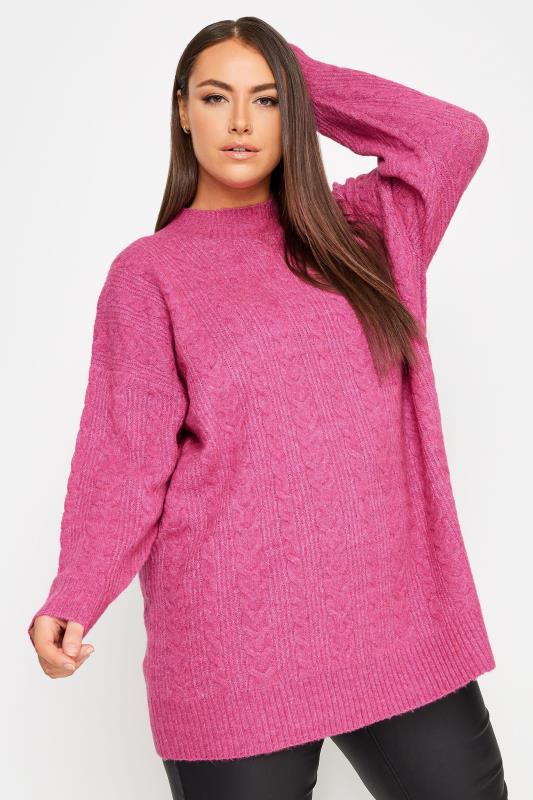 Plus Size  YOURS Curve Pink Cable Knit Turtle Neck Jumper