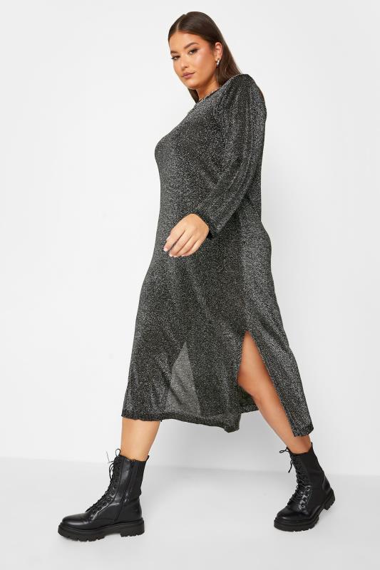 Plus Size Black & Silver Glitter Midaxi Dress | Yours Clothing  2