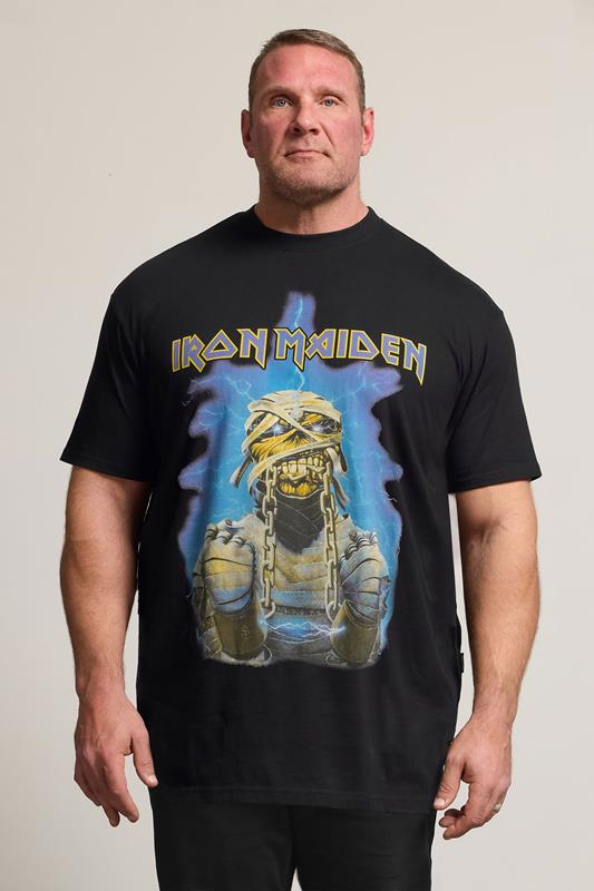  BadRhino Big & Tall zwart en blauw extra lang T-shirt met Iron Maiden-print
