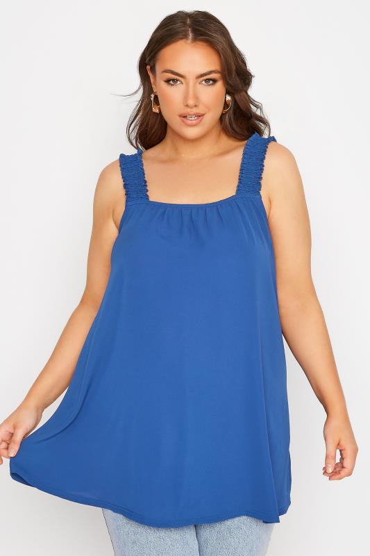 LIMITED COLLECTION Plus Size Cobalt Blue Shirred Strap Vest Top | Yours Clothing  1