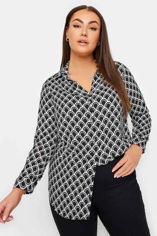YOURS Plus Size Black Geometric Print Button Through Shirt | Yours Clothing 1