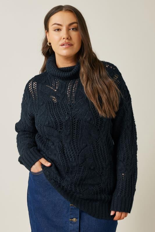 EVANS Plus Size Navy Blue Roll Neck Knitted Jumper | Evans 2