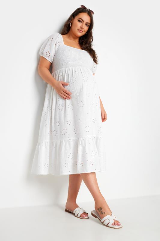 BUMP IT UP MATERNITY Plus Size White Broderie Anglaise Midi Dress | Yours Clothing 2