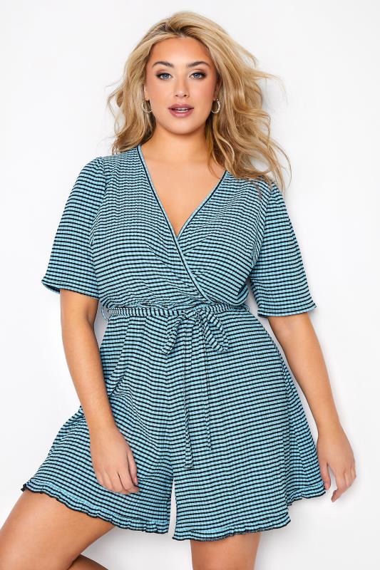 LIMITED COLLECTION Plus Size Blue Stripe Crinkle Wrap Playsuit | Yours Clothing 1