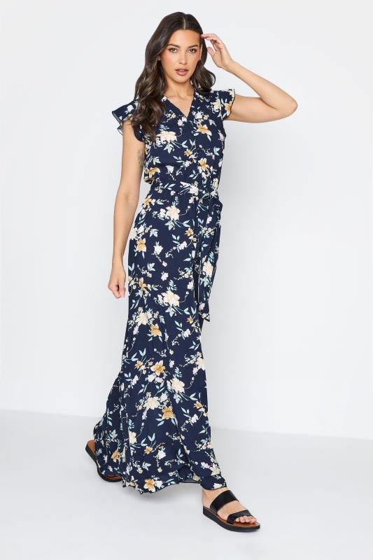 LTS Tall Navy Blue Floral Print Frill Maxi Dress_A.jpg