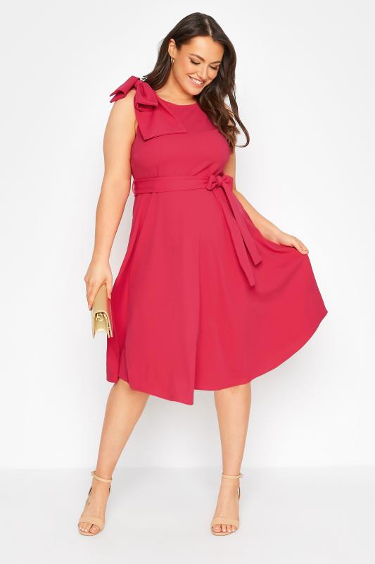 YOURS LONDON Plus Size Hot Pink Bow Shoulder Midi Skater Dress | Yours Clothing  1