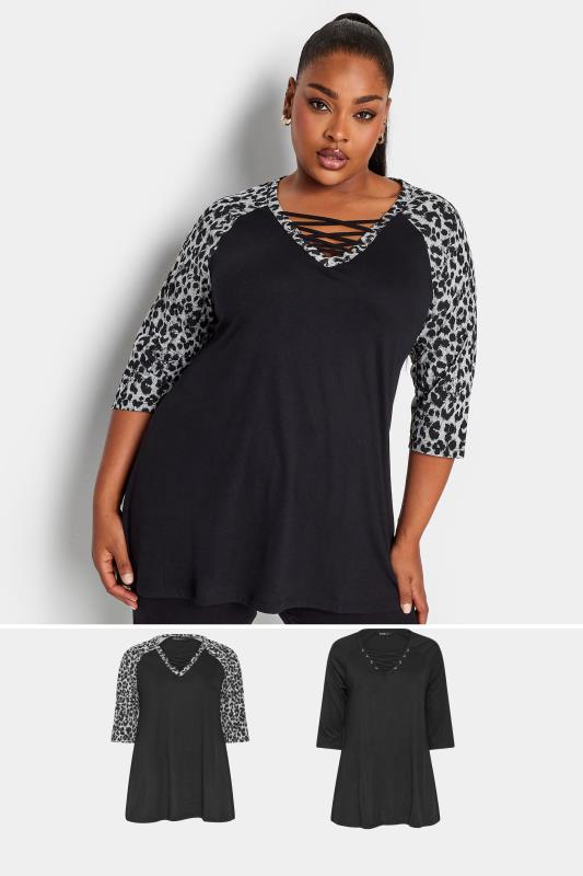 Plus Size  YOURS Curve 2 PACK Black Animal Print Lace Up Eyelet Tops