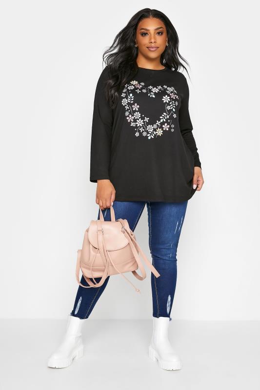 Plus Size Black Floral Heart T-Shirt | Yours Clothing 2