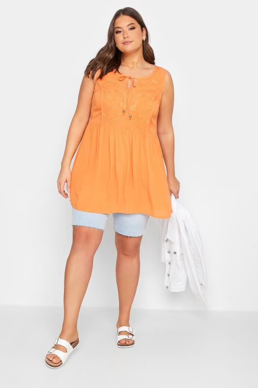 YOURS Plus Size Orange Embroidered Peplum Vest Top | Yours Clothing 3