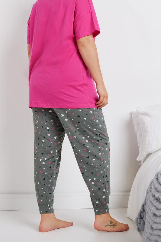 YOURS Plus Size Grey Heart Print Cuffed Pyjama Bottoms | Yours Clothing 4