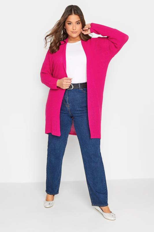 YOURS Plus Size Bright Pink Knitted Long Sleeve Cardigan | Yours Clothing 2