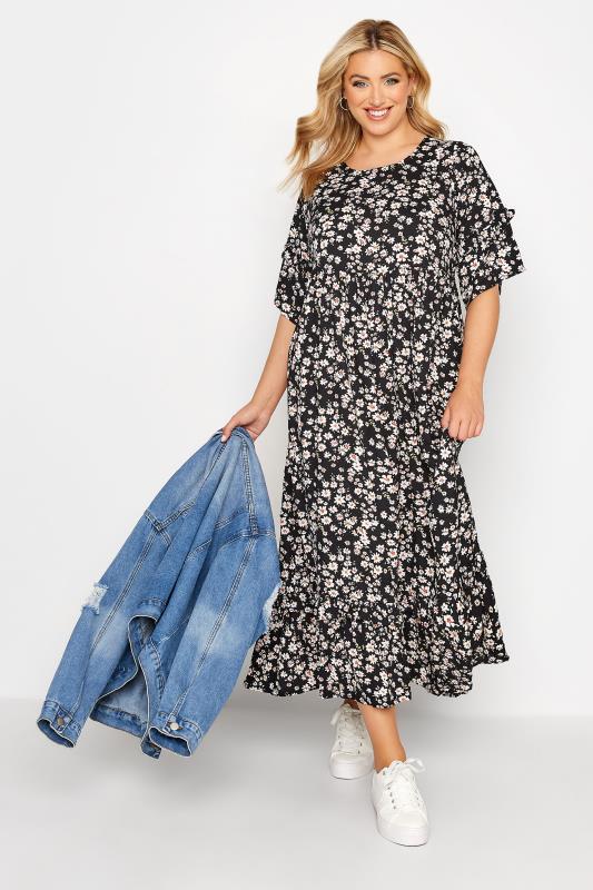 Plus Size Black Daisy Floral Print Smock Maxi Dress | Yours Clothing 2