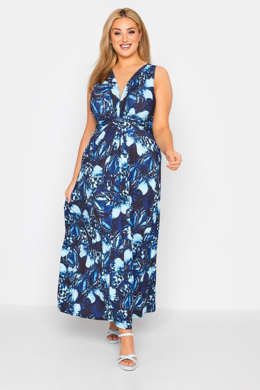 YOURS LONDON Curve Blue Butterfly Print Knot Front Maxi Dress 1