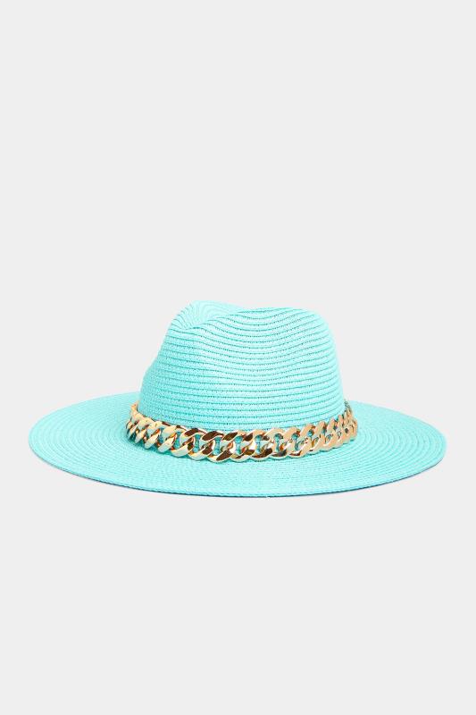 Tall  Yours Bright Blue Straw Chain Fedora Hat
