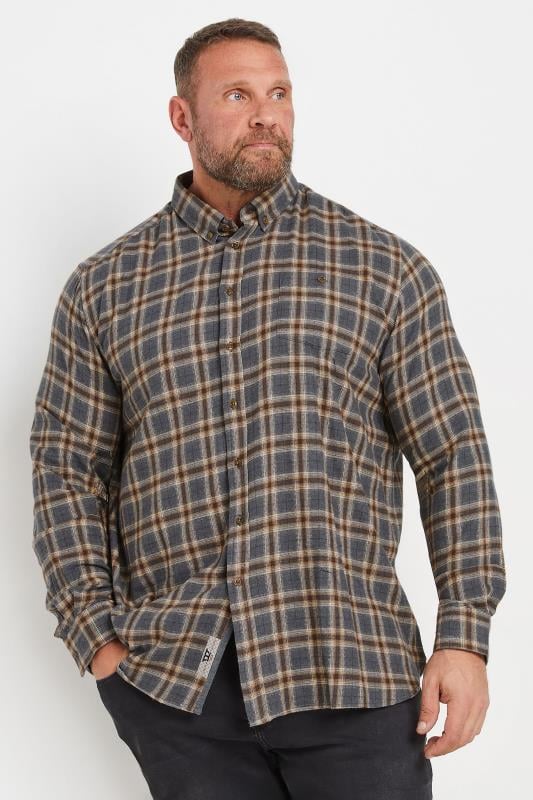 D555 Big & Tall Tan Brown Check Print Long Sleeve Shirt | BadRhino 1